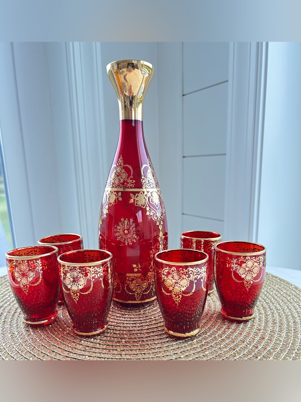 Vintage red ruby gold guild Italian Venetian Czech Bohemian decanter glass set